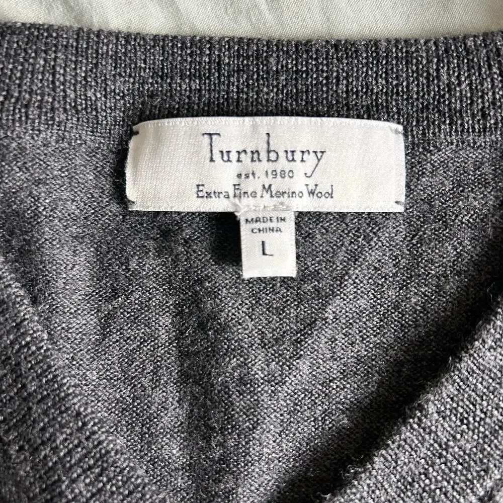 Turnbury Sweater Mens‎ Size Large Gray V Neck 100% Merino Wool Long Sleeve